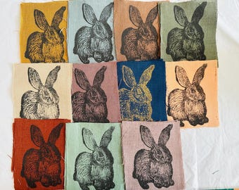 Hand Printed Linen Patch: Bunny Rabbit Lino Print, Textile Craft