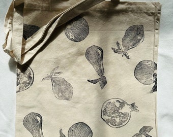 Handprinted Fruits Tote Bag: Lino Print Grocery Bag