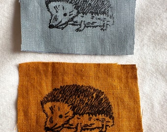 Linen patches, small hedgehog Lino print patches, fabric patch, clothing patch, quilting, textile crafts, cottage core