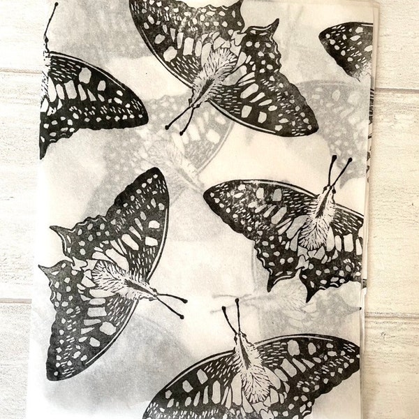 3 x butterfly  Handprinted Eco Tissue paper, tissue paper, gift wrap, packaging, pretty packaging.