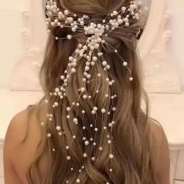 Bride headpiece bridal headpiece bride hair accessories long hair bride hair piece boho bride hair vine bride hair piece pearl bridal hair