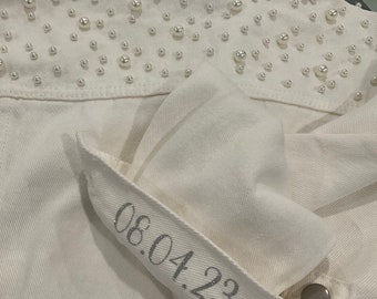 Personalized Mrs  Jacket, Bridal Jacket, Bride to Be, Bridal Gift, Bridal jacket pearls, bridal attire, bride jacket, white denim jacket
