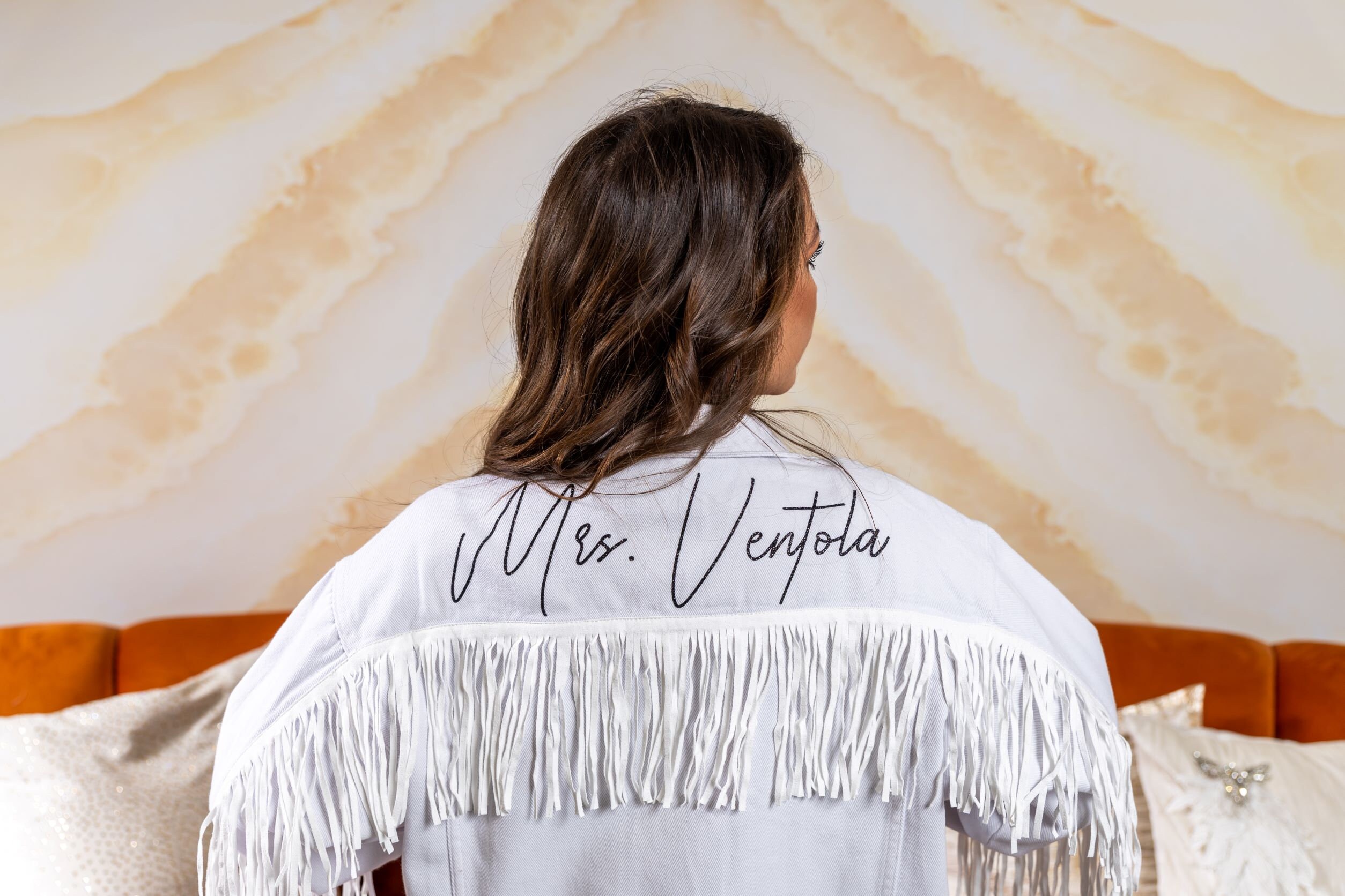 Wifey Custom Fringe Denim Jacket White 