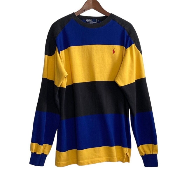 Vintage Polo Ralph Lauren Shirt Mens Large Black Yellow Blue Stripe Rugby