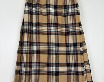Vintage Kilt Womens Medium Stewart Camel Beige Tartan Plaid Wool Pleated Wrap