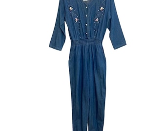 Vintage Jumpsuit Womens Medium Blue Chambray Denim Floral Embroidery 90s Mom