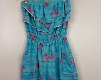 Vintage Romper Womens Medium Blue Pink Palm Tree Play Suit Sun Suit Retro 80s