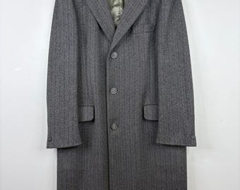 Vintage Overcoat Mens Small Medium Gray Wool Herringbone Made in Canada Top Coat