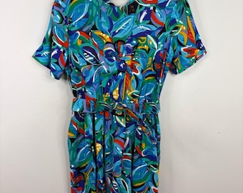 Vintage Romper Womens XL 16 Blue Red Floral Short Sleeve Skort Jumpsuit Retro