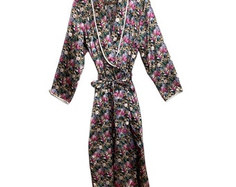 Vintage Robe Women's Medium Pink Floral Satin Shawl Collar Pockets Bows