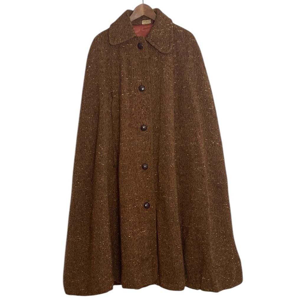 Vintage Cape Womens Medium Large Brown Tweed Maxi Walking Coat