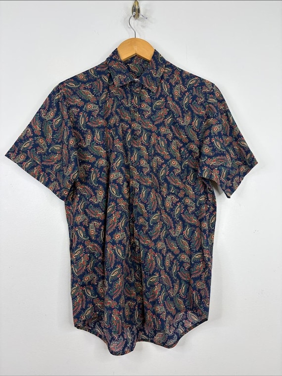 Tilley, Vintage Tilley Shirt Womens Small Navy Blue Red Paisley Short Sleeve Cotton