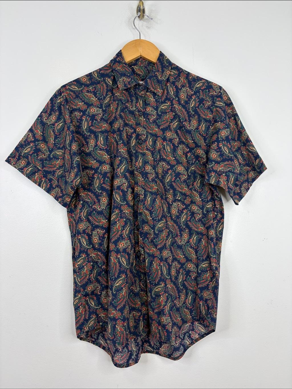 Tilley, Vintage Tilley Shirt Womens Small Navy Blue Red Paisley Short Sleeve Cotton
