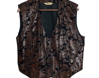 Vintage Vest Womens 10 Black Velour Red Faux Leather Paisley Goth 90s Waistcoat