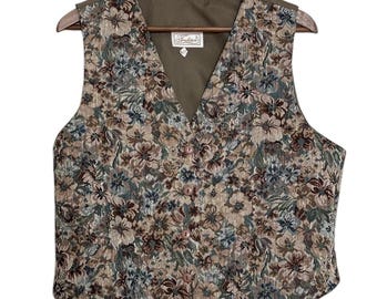 Vintage Tapestry Vest Womens Large XL Tan Green Floral 90s Mom Waistcoat Grunge