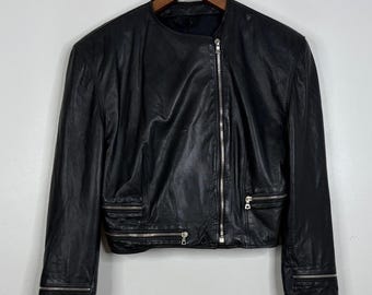 Vintage Gianni Versace Leather Jacket Womens Small Medium Black 90s Cropped