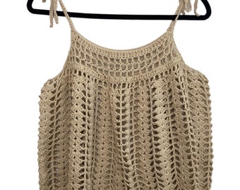 New Handmade Beige Cotton Crochet Tank Top Size Medium Cropped Beach Festival