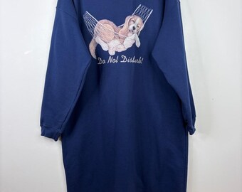 Vintage Nightgown Womens XXL Navy Blue Fleece Maxi Sweatshirt Puppy Dog Lover
