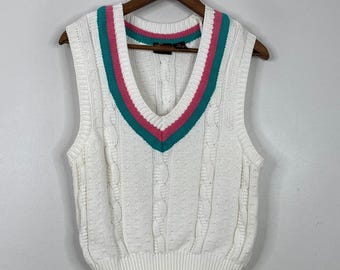 Vintage Sweater Vest Womens Small White Pink Green Cotton Cable Knit Cricket