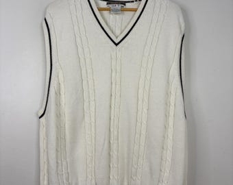 Vintage Sweater Vest Mens XL White Cotton Cable Knit Black Stripe Cricket Tennis
