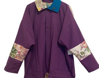 Vintage Oversize Floral Patchwork Jacket Size Small Purple Teal Reversible