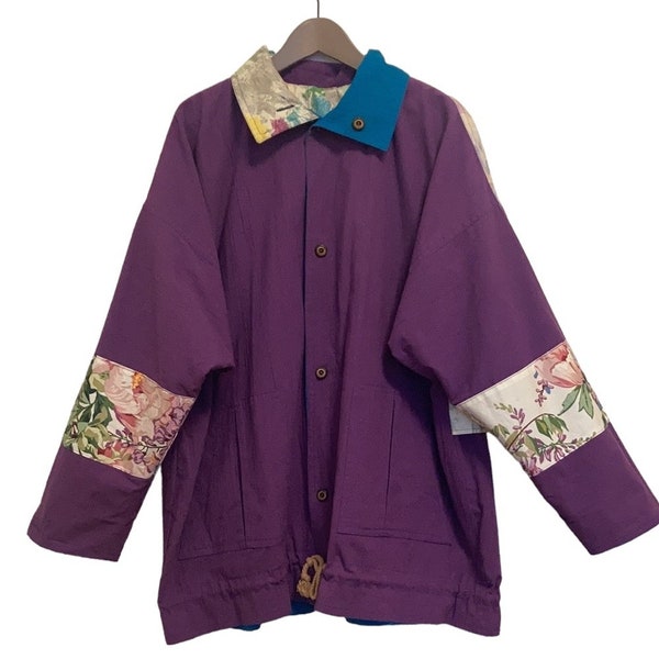 Vintage Oversize Floral Patchwork Jacket Size Small Purple Teal Reversible