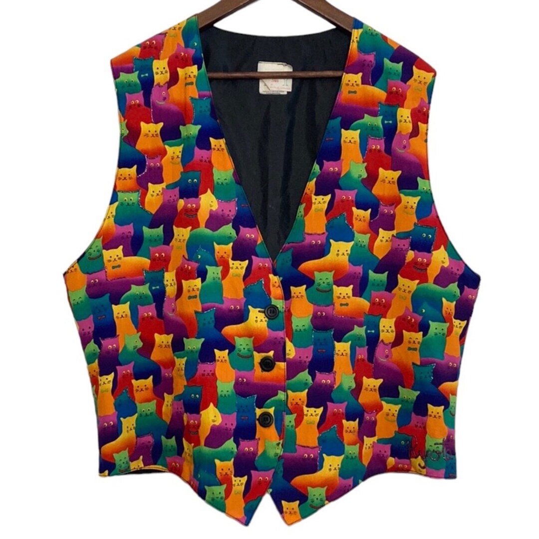Vintage Hand Painted Colorful Cat Print Vest Size Large Etsy