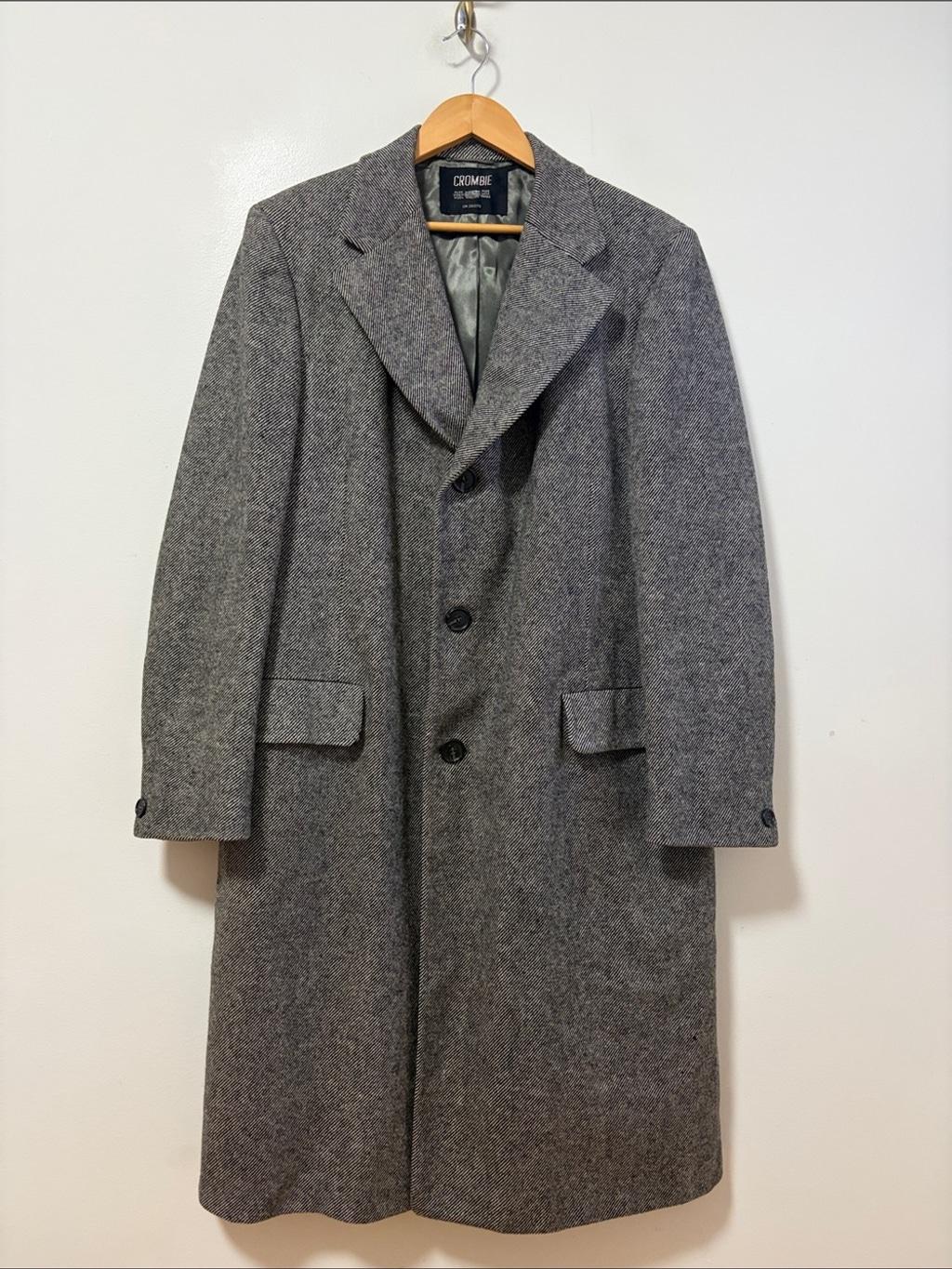 Crombie, Vintage Crombie Overcoat Mens Large Gray Black Wool Tweed Twill Made in Canada