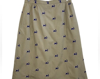 Vintage Beige Blue Embroidered Puritan Cloth Midi Skirt Size Medium Made in USA