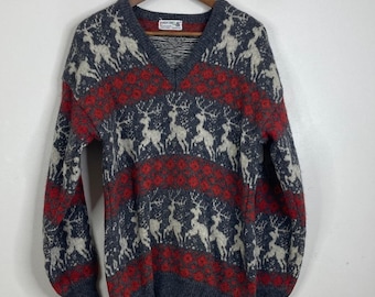 Vintage Shetland Wool Sweater Womens XL Gray Red Fair Isle Reindeer Nordic
