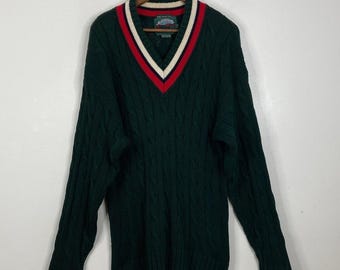 Vintage Beaver Canoe Cricket Sweater Men Medium Green Red Cotton Cable Knit