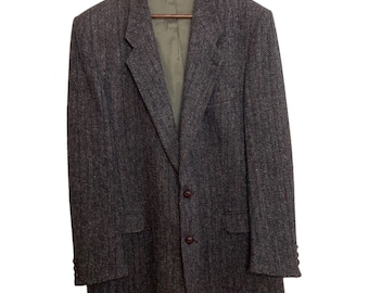 Vintage Harris Tweed Sport Coat Mens 46L Grey Wool Blazer Retro Herringbone