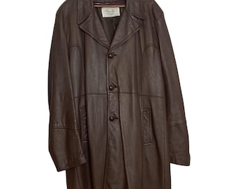 Vintage Leather Jacket Mens XLT Brown Plaid Lined Retro 70s Rugged Overcoat