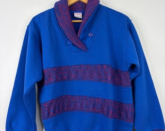 Vintage Sweatshirt Womens Medium Blue Fleece Red Knit Shawl Collar 80s Sporty