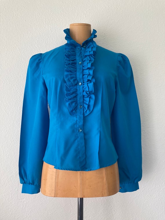 Vintage 70s Cerulean Blue Polyester Ruffle and Pu… - image 1