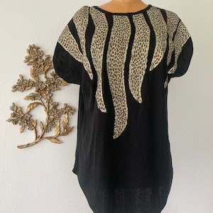 Vintage 80s glam or western leopard appliqué black tee shirt size large