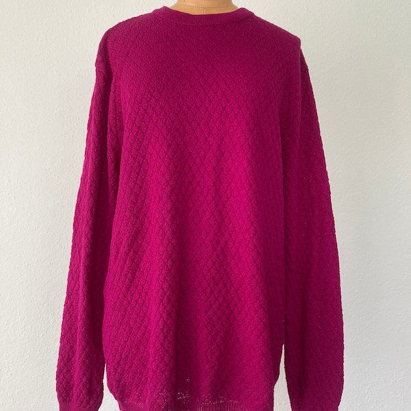 Vintage Liz Claiborne 90s bold bright fuchsia pink knit textured long sweater with back buttons