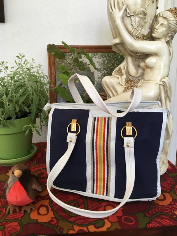 Vintage Canvas Stripe Tote Navy and White - image 1