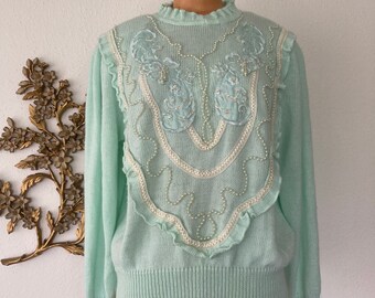 Vintage 80s - 90s Seafoam Mockneck Puff Sleeve Sweater with pearl and ribbon appliqués