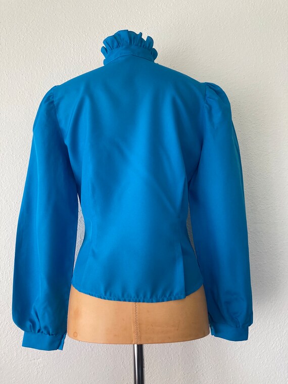 Vintage 70s Cerulean Blue Polyester Ruffle and Pu… - image 3