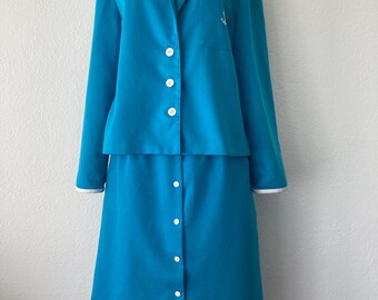 Vintage 70s Deep turquoise with White accents Nautical 2 Piece Jacket and Skirt Suit Set