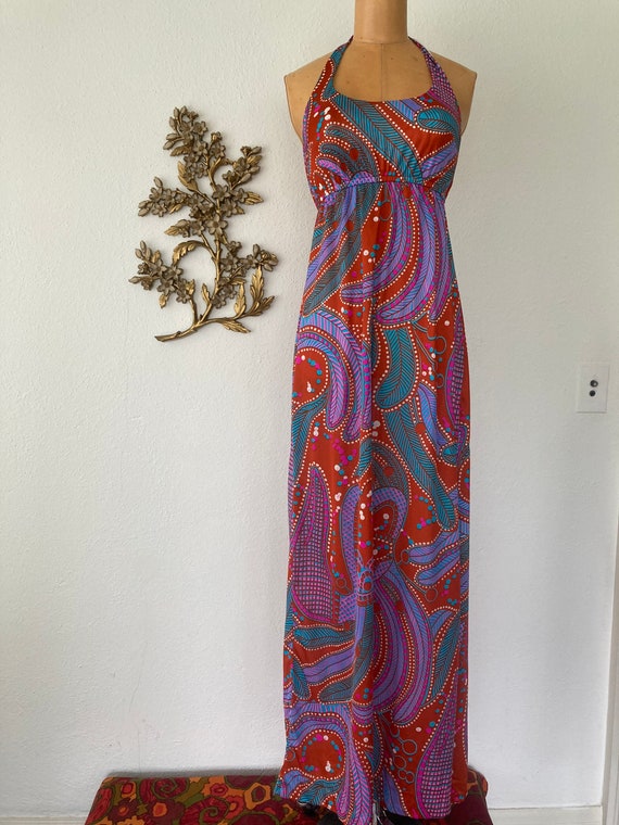 Vintage 60s 70s Bold Bright Paisley Halter Swim Dr