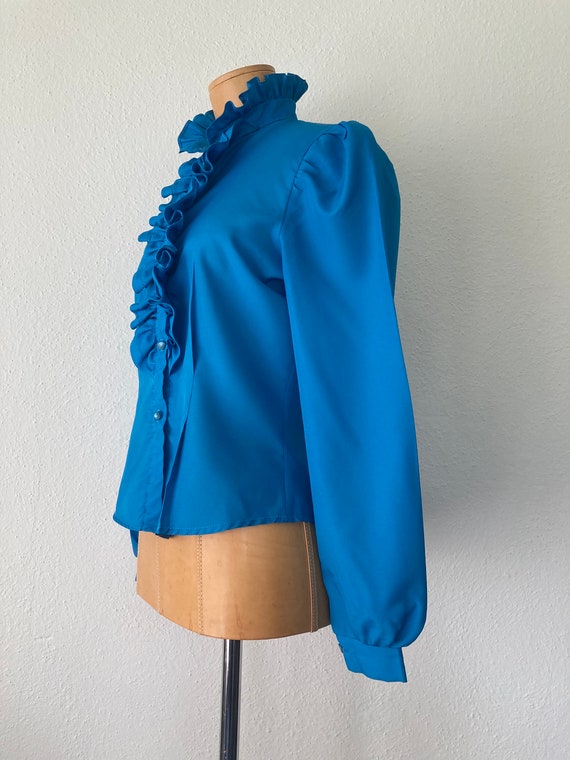 Vintage 70s Cerulean Blue Polyester Ruffle and Pu… - image 2