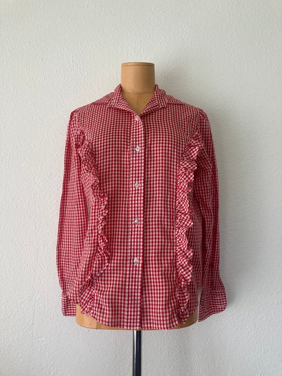 Vintage 70s Red and White Gingham Ruffle Shirt Siz