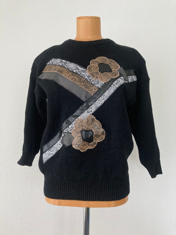 Vintage 80s Black Floral Design Gitano Sweater