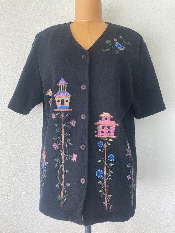 Vintage 90s t shirt with birds, birdhouses and flo