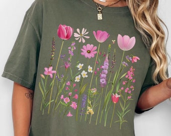Comfort Colors Boho Cottagecore Shirt Garden Girl Pink Wildflowers Tshirt Vintage Pressed Flowers Shirt Botanical Floral Tee Gardener Gift