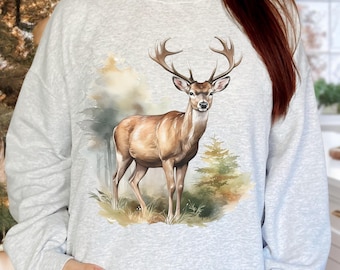 Retro tröja med hjortmotiv, 90-tals vintageinspirerad hjortoutfit, boho tröja med rund hals, cottagecore-stil, skogsmarksestetik