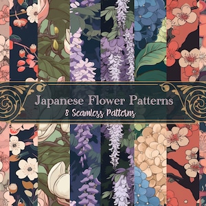 Japanese Art Digital Paper Pack Sakura Cherry Flowers Wisteria Hydrangea Magnolia Ume Plum Blossoms Seamless 12x12in Instant Download