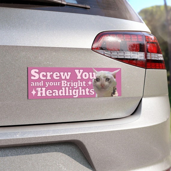 I Hate LED Headlights Funny Car Magnet Pink Car Accessory Sad Cat Meme Decal Gift for Her Unhinged Gen Z Humor Weatherproof Bumper Magnet